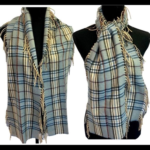 Baby blue and cream plaid check fringe scarf - Picture 1 of 9